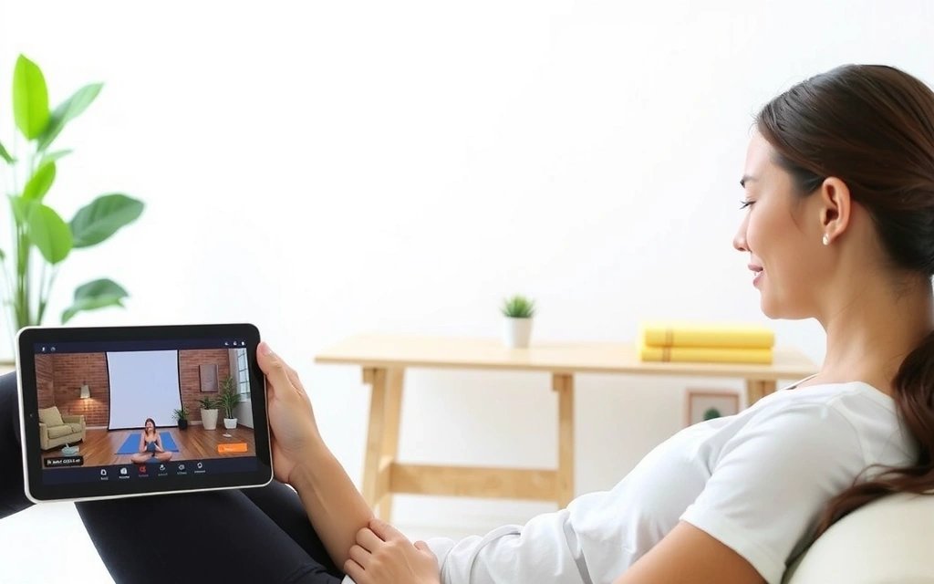 A person enjoying an online yoga class on a tablet, with a seamless user interface and high-quality video, representing technological advantage.
