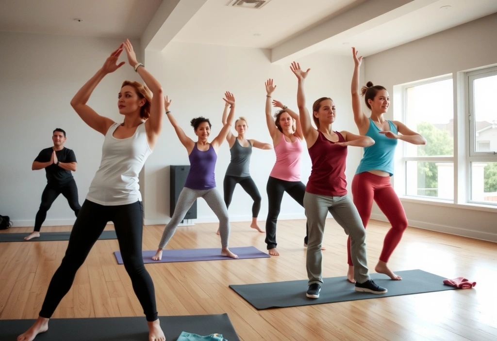 Energetic group practicing Vinyasa Flow yoga