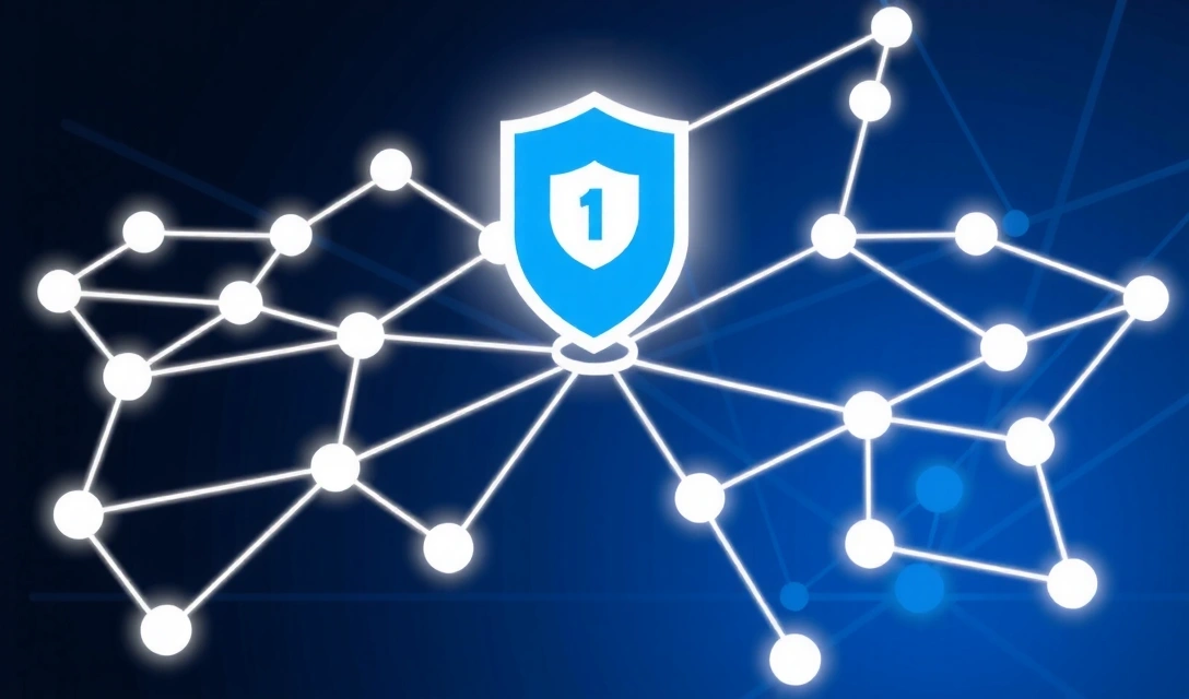A network of interconnected abstract nodes and lines, representing data sharing, with a central glowing shield icon, symbolizing secure and responsible data disclosure.