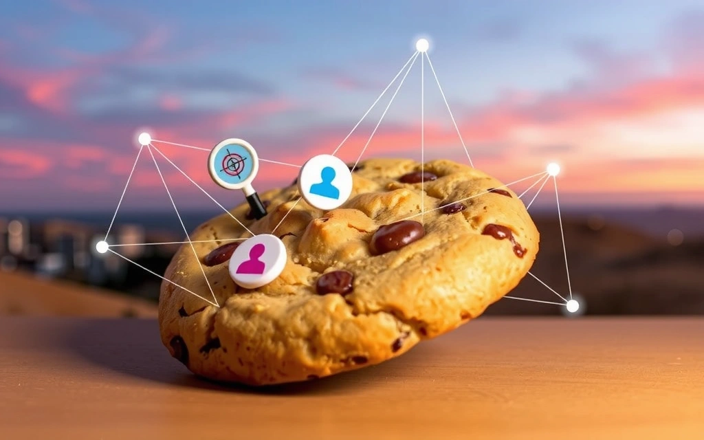 A giant, stylized cookie with small digital icons (like a magnifying glass, a target, and a user profile) embedded on its surface, surrounded by abstract data lines, symbolizing website cookies and their tracking functions.