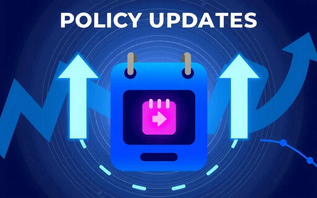 A calendar icon with a glowing update symbol, surrounded by abstract digital arrows indicating change and evolution, set against a dynamic, adaptive background, symbolizing policy updates and transparency.