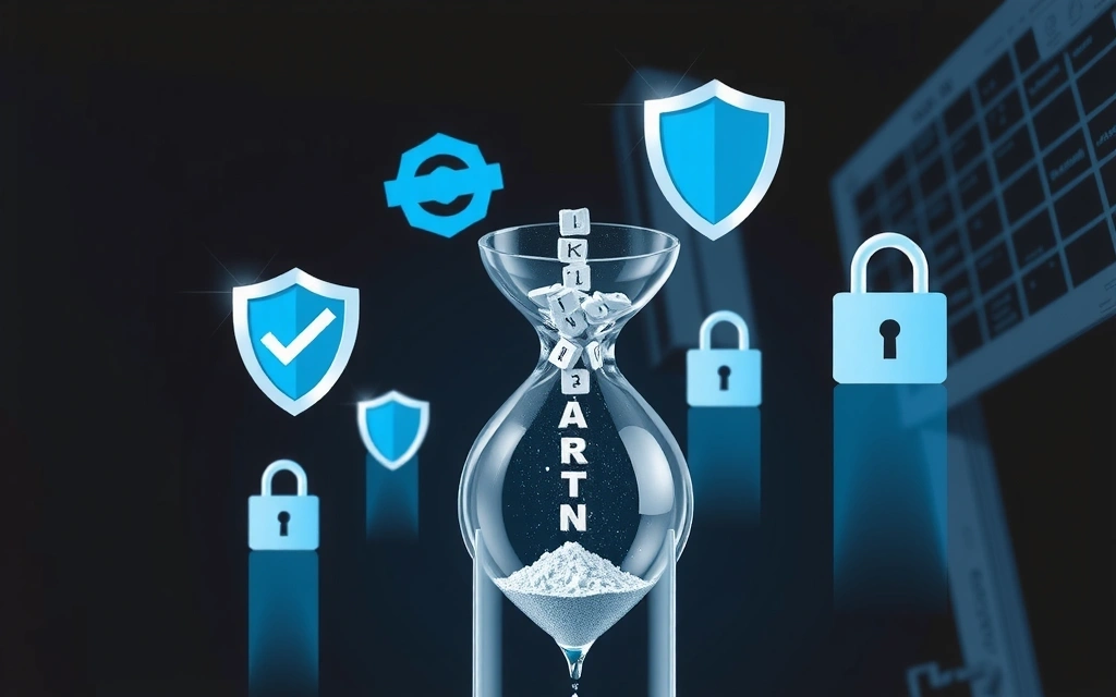 A digital hourglass symbolizing data retention, with data flowing securely from the top to the bottom, surrounded by abstract security icons like shields and locks, set against a dark, secure background.