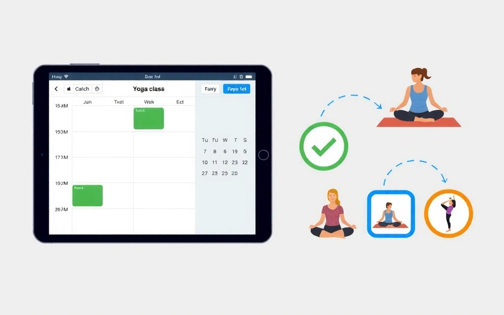 Calendar with yoga class bookings and payment icons