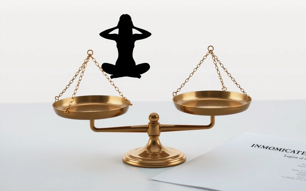 Scales of justice with a yoga pose silhouette, symbolizing fairness and legal balance