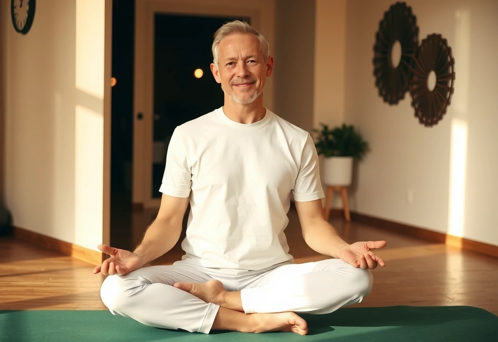 A man smiling after a yoga session, feeling relaxed