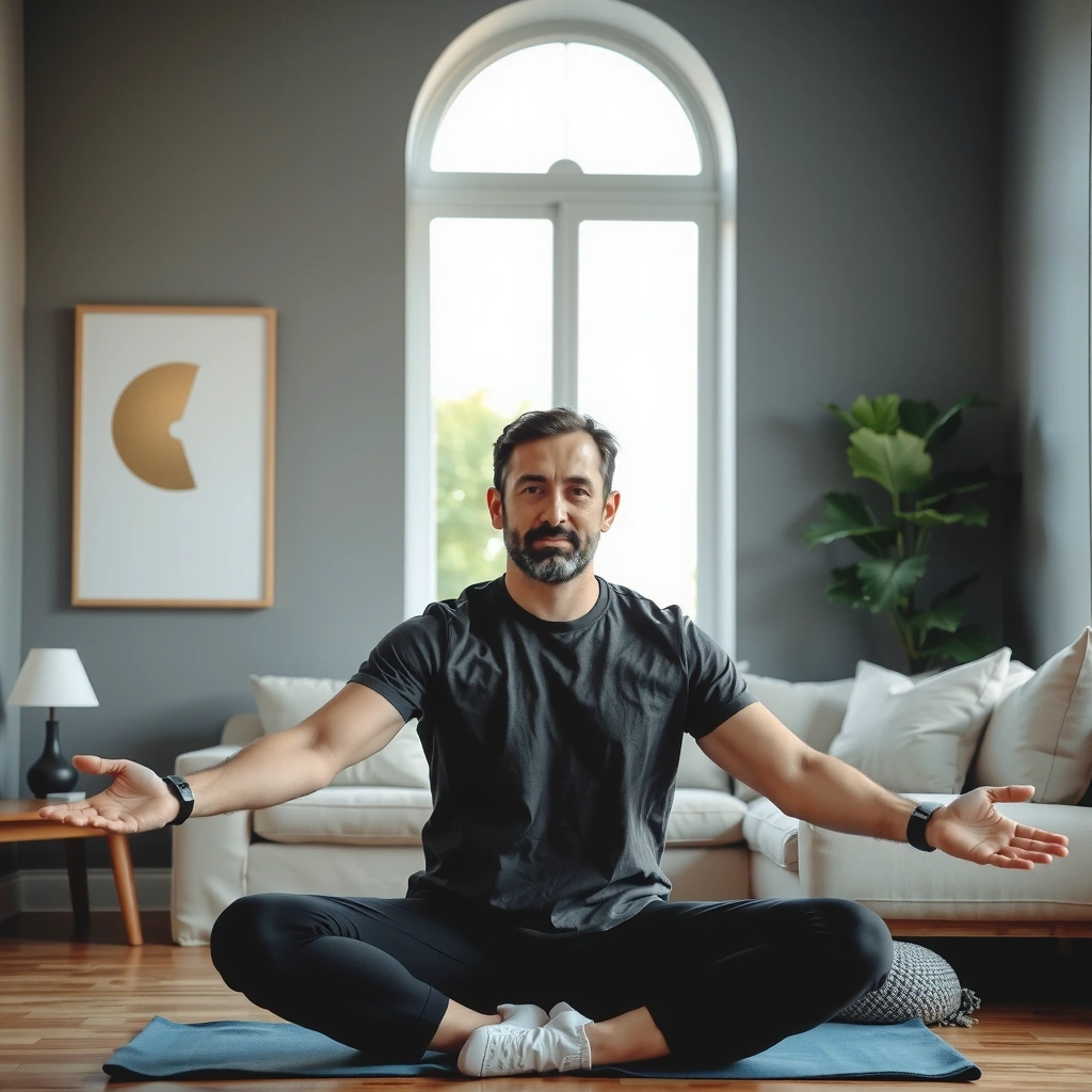 Portrait of David P., practicing yoga at home